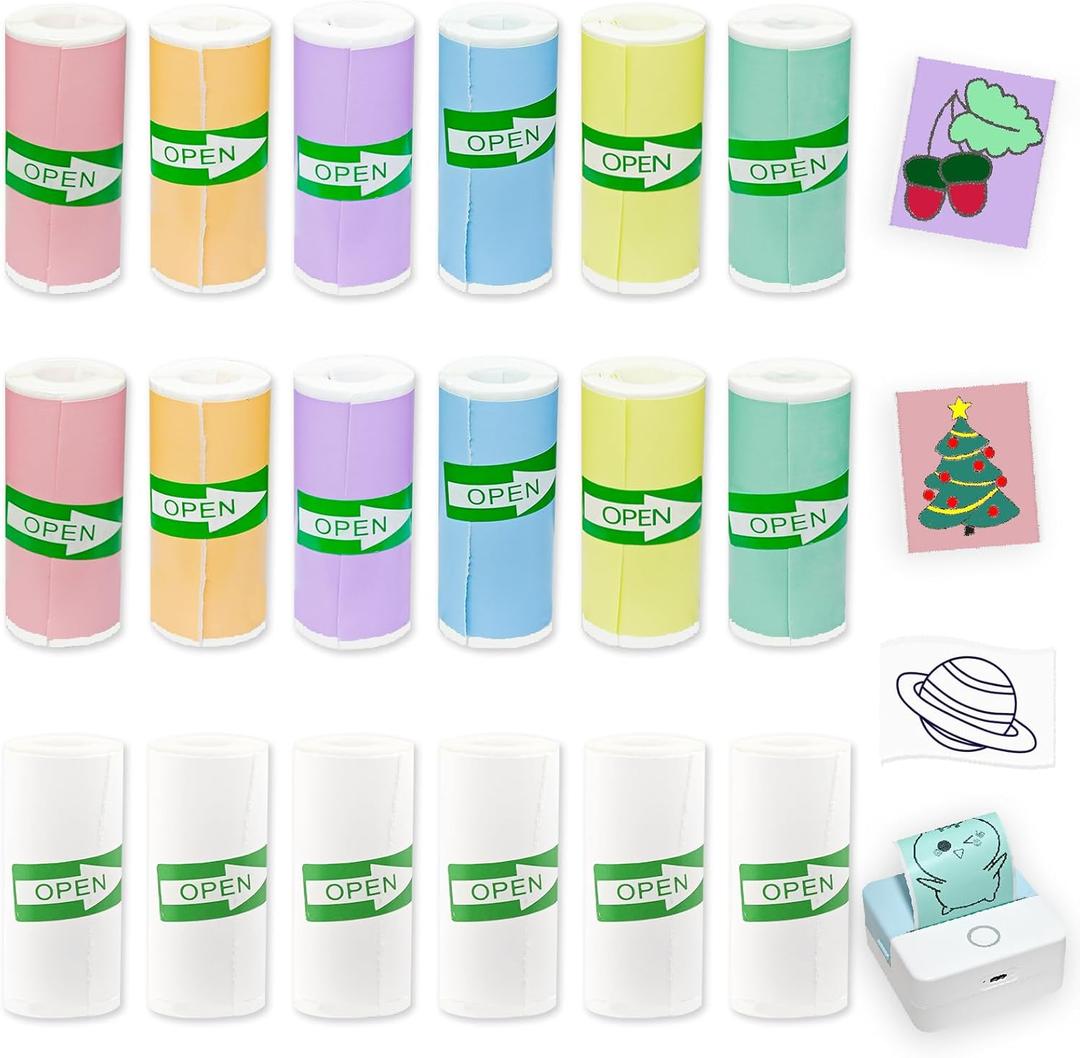 18 Rolls Self-Adhesive Mini Printer Sticker Paper - 6 White & 12 Vibrant Colors for M02/T02 Printers (Remove Inner Paper Holder), Thermal Sticker Paper Continious Labels for Study Notes & Scrapbooking