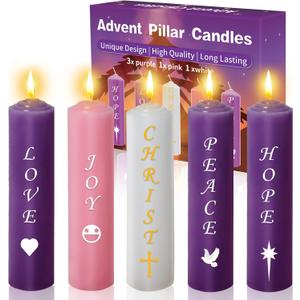 Advent Pillar Candles Set of 5-7" x 2" Unscented Christmas Decorations Round Candle, Seasonal Candle with Words Love, Joy, Christ, Peace, Hope for Advent Wreath - 3 Purple, 1 Pink, 1 White