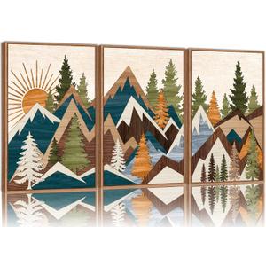 Tinonedraw Large Mountain Framed Canvas Wall Art, Boho Rustic Sunrise Forest Wall Decor, Vintage Woodsy Nature Art Painting, Modern Wilderness Trees Art Print for Living Room Bedroom Office 16"x24"x3