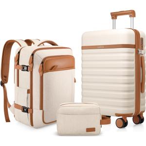 Luggage Sets 3 Piece, Carry On Luggage 20 Inch With Spinner Wheels,PC Hardside Suitcase Set with TSA Lock,Durable Carry On Suitcase With Travel Backpack for Men (Beige, 3 piece set (20inch)