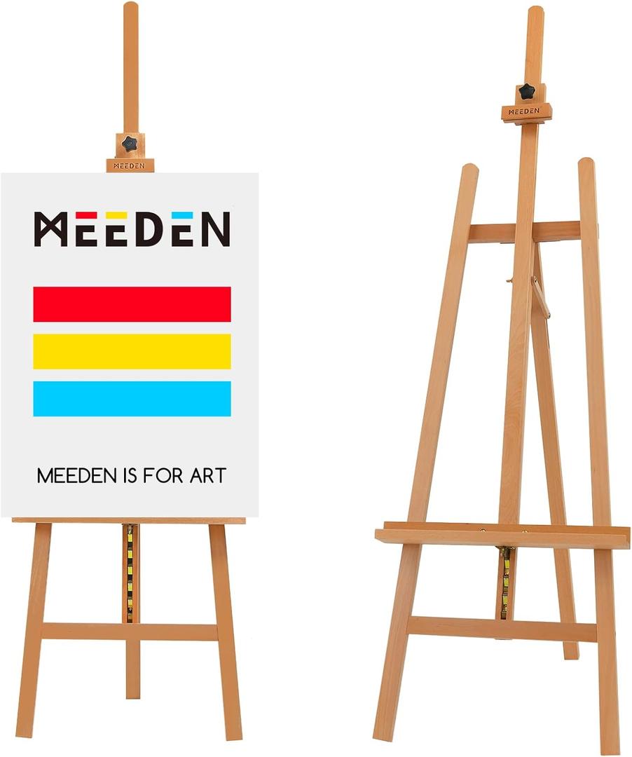 MEEDEN Large Basic Studio Easel: Hold Canvas up to 50'' Solid Beech Wood Artist Easel - Adjustable Height and Working Angles A-Frame Floor Painting Easel for Adults Artist Beginners Students, W01E