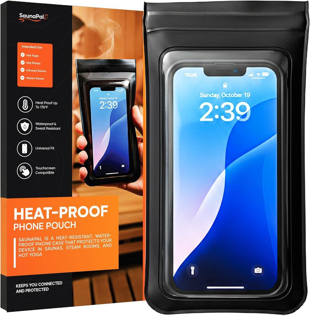 Heat Proof Phone Case for Sauna - Heat-Resistant Touchscreen Protector - Strong Magnetic Mount - Fits Up to 7.5x3.5 Inches - iPhone Samsung Compatible - 176F Protection Black