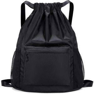 Drawstring Backpack, Gym Bag with Water Bottle Pocket, Drawstring Sackpack, Waterproof String Backpack for Soccer, Basketball, Swim for Women Men (Black)