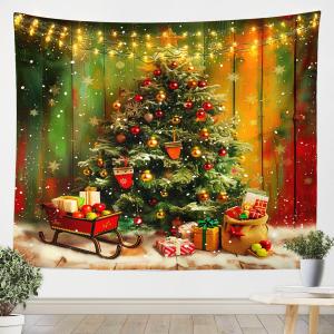 Merry Christmas Wall Hanging Art,Christmas Tree Tapestry Kids Boys Girls Adults Home Room Decor,Snowflake Winter Theme Wall Blanket,Rustic Wooden Stripes Porch Hangings,59.1x59.1