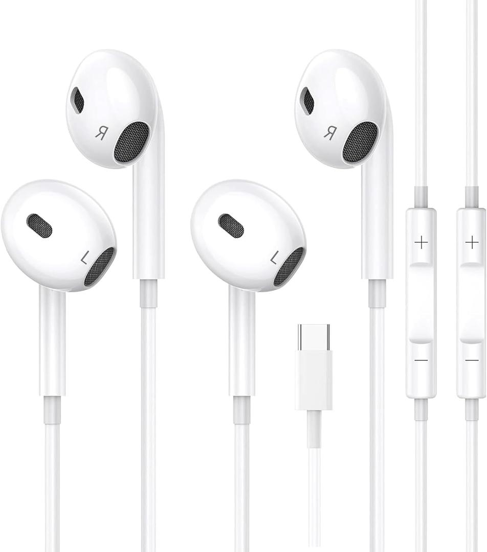 USB C Headphones for iPhone 17,16,15, 2 Pack Type C wired earphones Earbuds with Microphone & Remote Noise Cancelling in Ear Headset Control with iPhone 17,16,15 Air, iPad Pro, Pixel, Galaxy S24
