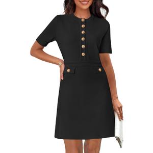 MEROKEETY Women's Summer Bodycon Sweater Dress Business Casual Outfis Short Sleeve Knit Button Formal Elegant Work Dress (Black, L)