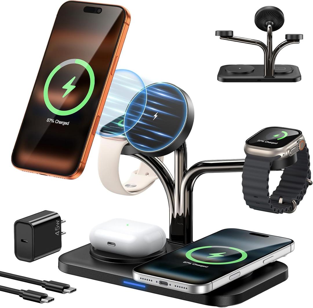 45W 5 in 1 Magnetic Charging Station for Apple Multiple Devices, Dual Phone & Apple Watch Charger Stand, Fast Wireless Charger for MagSafe Charger for iPhone 17-12 Series, for Apple Watch & AirPods