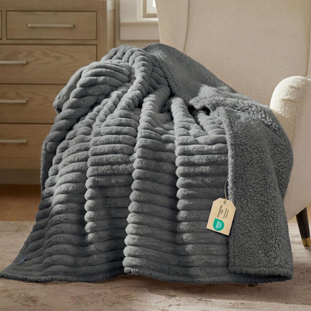 Bedsure ComfyFleece Waterproof Dog Blankets for Large Dogs - Soft Pet Cat Blanket Corduroy Fleece for Couch Bed Protector Washable, Cozy Calming Reversible Furniture Protection,50"x60", Warm Grey