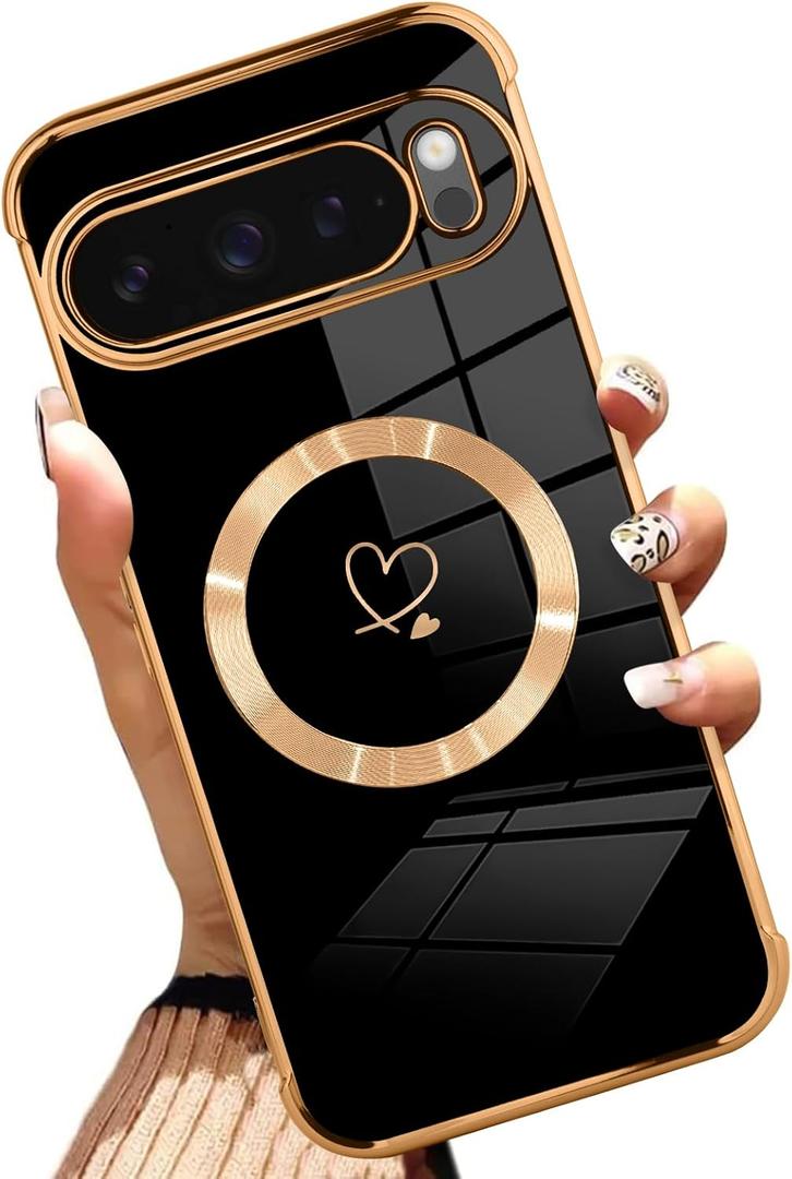 AIGOMARA Magnetic Case for Google Pixel 9 Pro XL [Wireless Charging Compatible] Heart Design Soft TPU Electroplated Phone Cover Anti-Scratch Shockproof Case for Women - Black