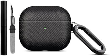 LOPIE Case Compatible with AirPods 3 (Released in 2021), Carbon Fiber Style Vegan Leather Case with Clip & Cleaner Kit, Protective Cover for Gen 3 AirPods (Not for AirPod Pro 3rd Generation) - Black