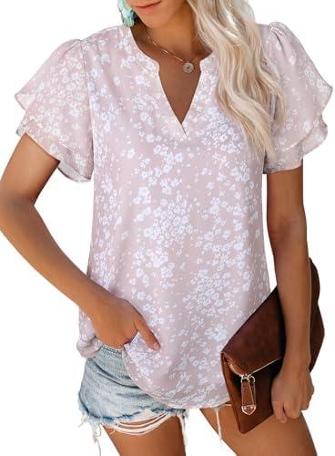 siliteelon Womens Summer Tops V Neck Ruffle Short Sleeve Dressy Casual Business Work Blouses Cute Flowy Chiffon Office Shirt Large