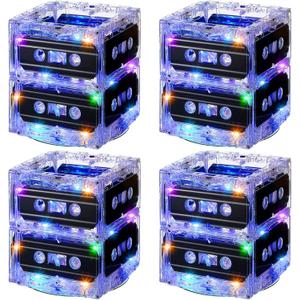4 Sets 80s 90s Glowing Cassette Tape Bucket Centerpiece 80s Party Supplies 90s Theme Birthday Party Favor Light Cassette Tape Table Decoration for Music Theme Retro Hip Hop 1980 1990 Event