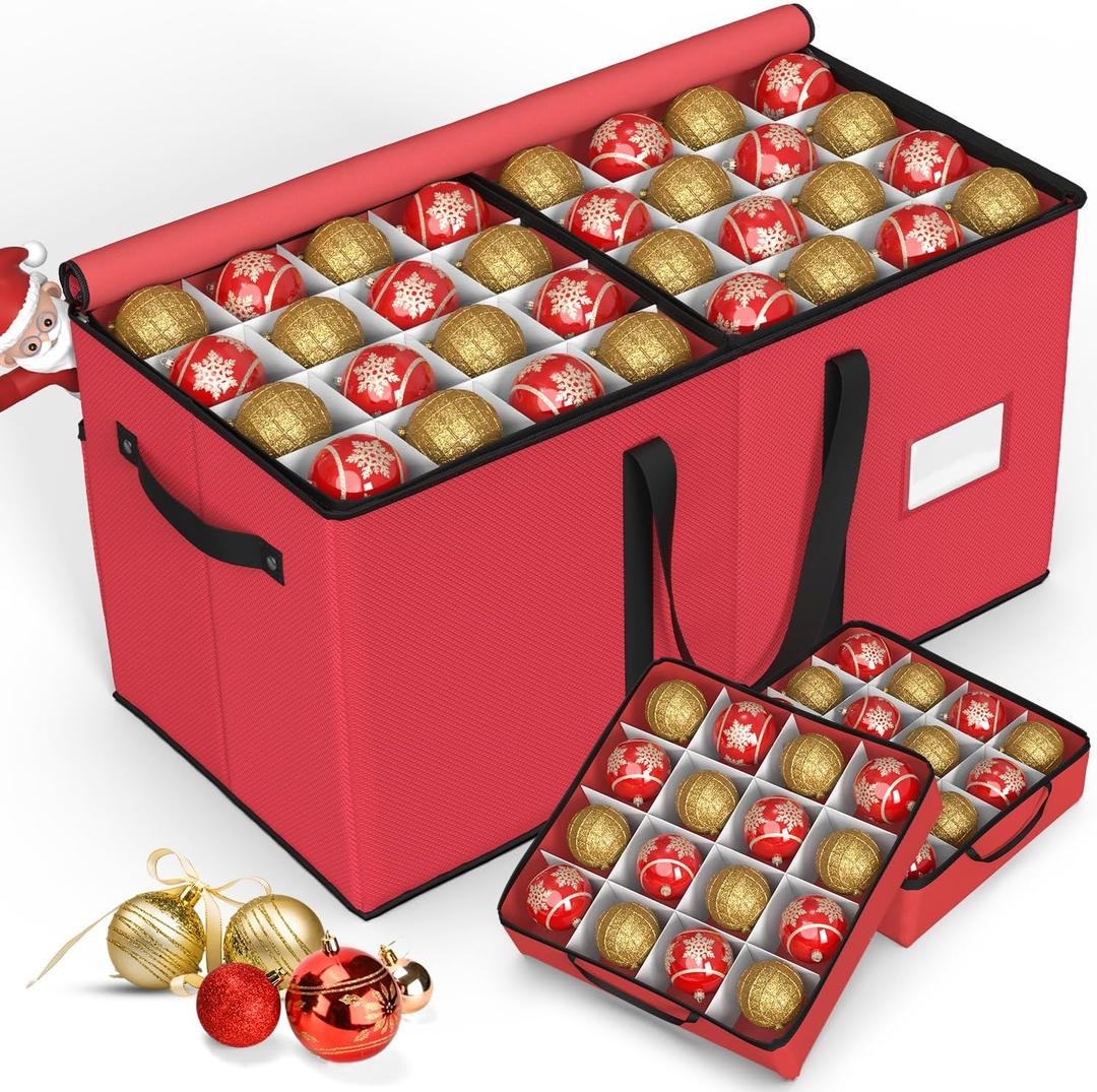 Keten Christmas Ornament Storage Boxes with 8 Individual Trays, Fits 128 Holiday Ornaments 3Inch, Christmas Ball Accessories Container with 48 Dividers, Dual Zippered Closure, 600D Oxford (Red)