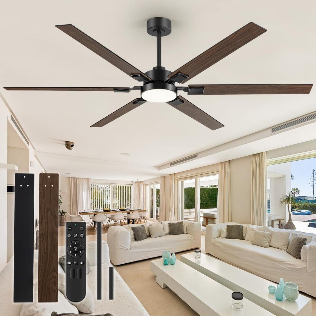 72 Inch Ceiling Fan with Light and Remote, Large Industrial Farmhouse Fan for High Ceiling, 6 Reversible Blades DC Motor, 3-Color LED Lights, 6-Speed Quiet for Garage Shop Patio -Black/Walnut