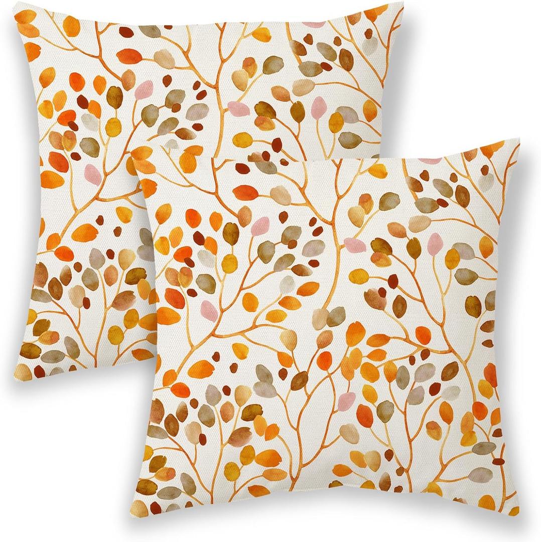 BETGINY Burnt Orange Fall Pillow Covers 16x16 Inch 2 Pcs, Colorful Leaves Decorative Throw Pillows, Plant Flower Floral Autumn Seasonal Outdoor Decor Pillowcase Linen Cushion Cover for Couch Sofa