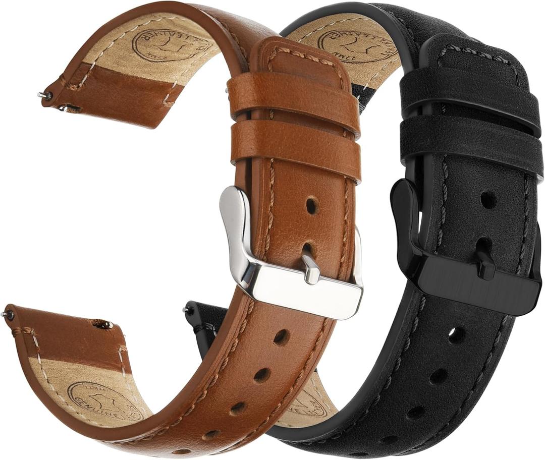 Fullmosa 20mm Leather Watch Bands, 2 Pack Soft Quick Release Watch Strap Compatible with Garmin Vivoactive 5/6/4/3, Venu 4/3S/2S, Samsung Galaxy Fossil Amazfit for Men Women,20mm Toffee Brown&Silver/Black&Black