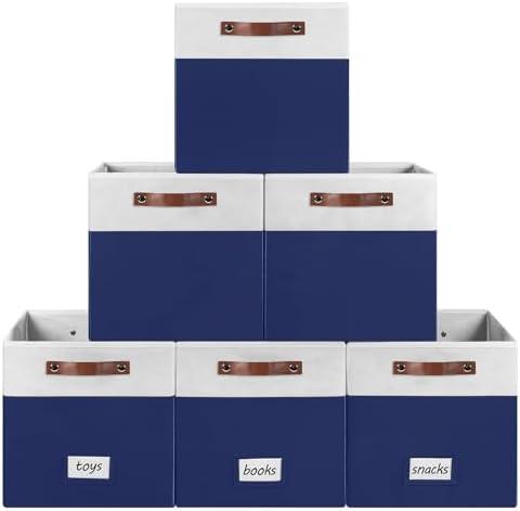 6 Pack Collapsible Fabric Storage Cubes with Handles & Label Holders, Closet Cube Home Organizer Bins (White/Navy Blue, 13 x 13 x 13 inch)