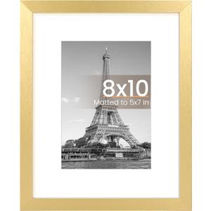 Upsimples 8x10 Picture Frame, Display Pictures 5x7 with Mat or 8x10 Without Mat, Wall Hanging Photo Frame, Gold, 1 Pack