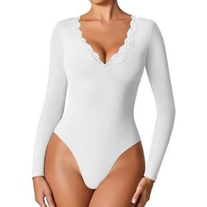Avidlove Bodysuits for Women Long Sleeve Lace V Neck Body Suits Double Lined One Piece Leotard Shirt Going Out Tops L