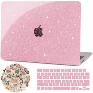 G JGOO Compatible with MacBook Air 13 inch Case 2025 2024 2023 2022 M4 A3240 M3 A3113 M2 A2681, Glitter Platsic Hard Shell for MacBook Air M4 13 inch Case + Keyboard Cover + Laptop Stickers, Pink