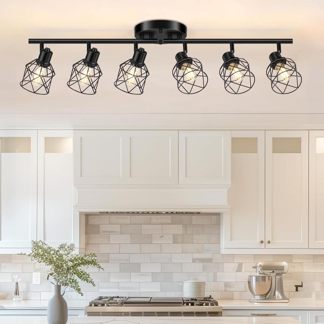 6-Lights Black Semi Flush Mount Ceiling Light, Multi-Directional Ceiling Light Fixtures, Rotatable Kitchen Track Lighting Fixtures with Wire Cages for Living Room, Dining Table, Foyer