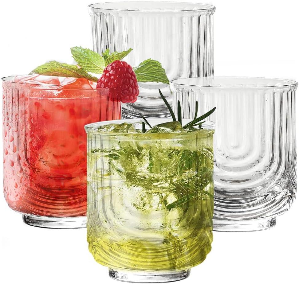 Art Deco Cocktail Glasses Set of 4, 12oz Negroni & Whiskey Glasses, Ripple Glassware Highball Beverages Glass for Cocktail, Iced Coffee, Soda