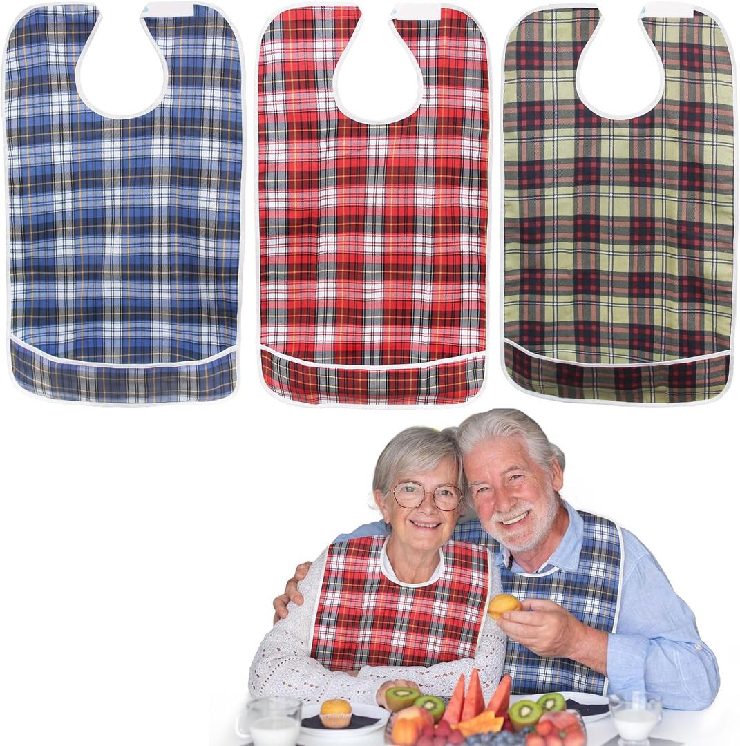 3PCS Adult Bibs for Elderly Men, with Crumb Catcher for Eating, Waterproof Bids