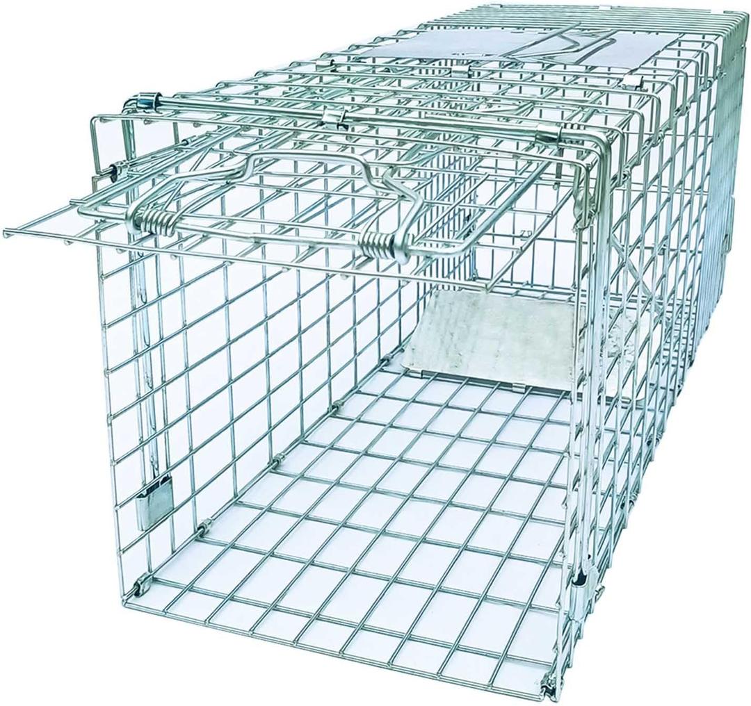 Folding Collapsible Humane Live Animal Cage Trap No-Kill Trapping Kit for Humane Catch Release Rodent Rabbits, Stray Cat, Squirrel, Raccoon, Opossum, All Fit Sized Animals, 2-Door 26" x 9.5" x 10.2" (26 inches(silver))