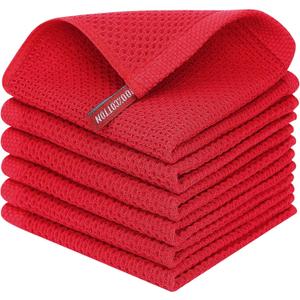 Homaxy 100% Cotton Waffle Weave Kitchen Dish Cloths, Ultra Soft Absorbent Quick Drying Dish Towels, 12 x 12 Inches, 6-Pack, Red