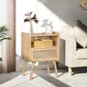 Lerliuo Rattan Nightstand with Charging Station, Boho Side Table with Drawer Open Shelf, Cane Accent Bedside End Table for Bedroom, Dorm and Small Spaces