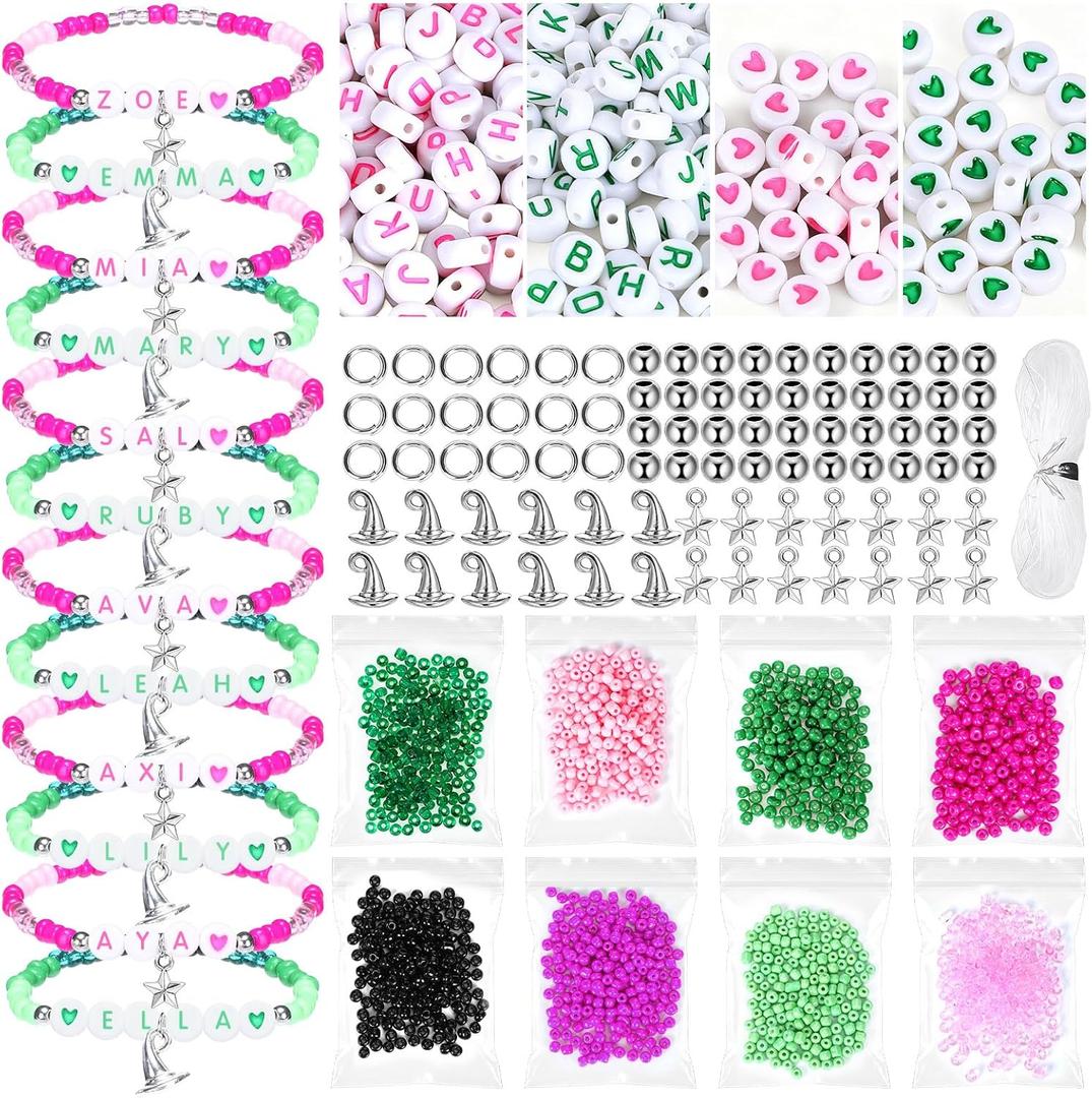 Ferreve 1950 Pcs Witch Beads Bracelets Making Kit Pink and Green Party Favors DIY Friendship Bracelets Craft Jewelry for Witch and Princess Birthday Party Favors Halloween Christmas Gifts