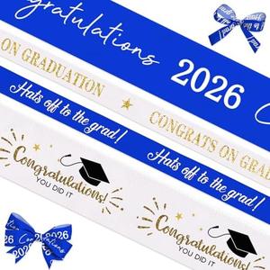 4 Rolls 20 Yard Graduation Ribbon Graduation Hat Star Printed Grosgrain Ribbons White Blue Ribbons Gift Wrapping Congratulations 2026 Satin Ribbon for Graduation Party Favors Decor for Gift Wrapping