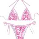 WDIRARA Women's 2 Piece Boho Swimsuits Floral Print Halter String Triangle Bikini Set Beach Bathing Suit, S