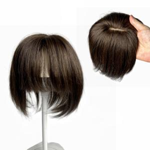 Lace Base Human Hair Toppers Middle Part Straight Natural Hairpiece with Doll Bangs 10x12 cm Clip In Extension For Hair Volume (Dark Brown, 8 inch)
