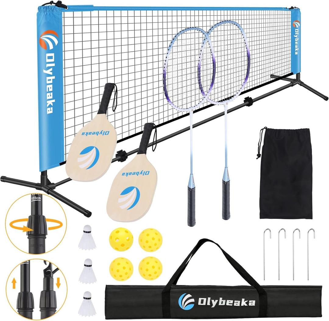 All-in-one Portable Badminton & Pickleball Net Set for Backyard Beach Driveway with Height Adjustable Poles, Durable Net, 2 Aluminum Badminton Rackets + 2 Pickleball Paddles