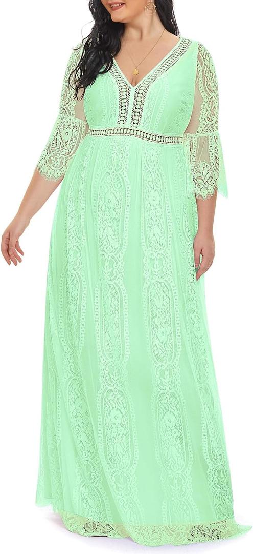 Plus Size Wedding Dress Boho - Maxi Bridal Shower Bohemian Formal Lace Long Dresses (Sage Green), 14 Plus