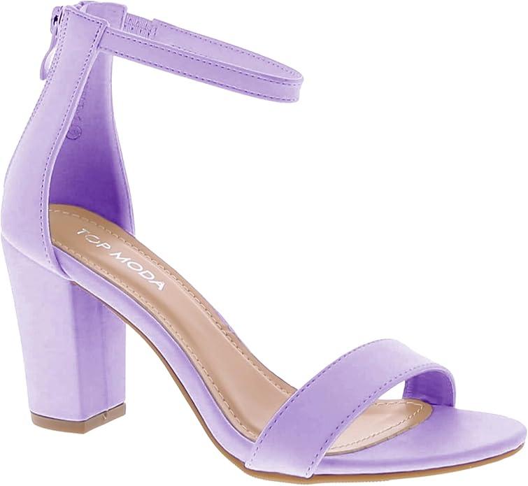 TOP Moda Hannah-1 Ankle Strap Dressy High Heel Sandal, Non-slip Sole, For Wedding, Party, Prom, Evening Wear, or Any Occasion, Sleek Style Block Heel Sandals, Lavender PU, 9 (39)