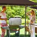 FAB BASED 5x8 Grill Gazebo with Extra Awning, All-Weather Steel Construction, Double Tiered & Resistant Canopy Roof, Metal Serving Shelves, 2 LED, Bottle Opener for Patio, Backyard, BBQ (Brown)