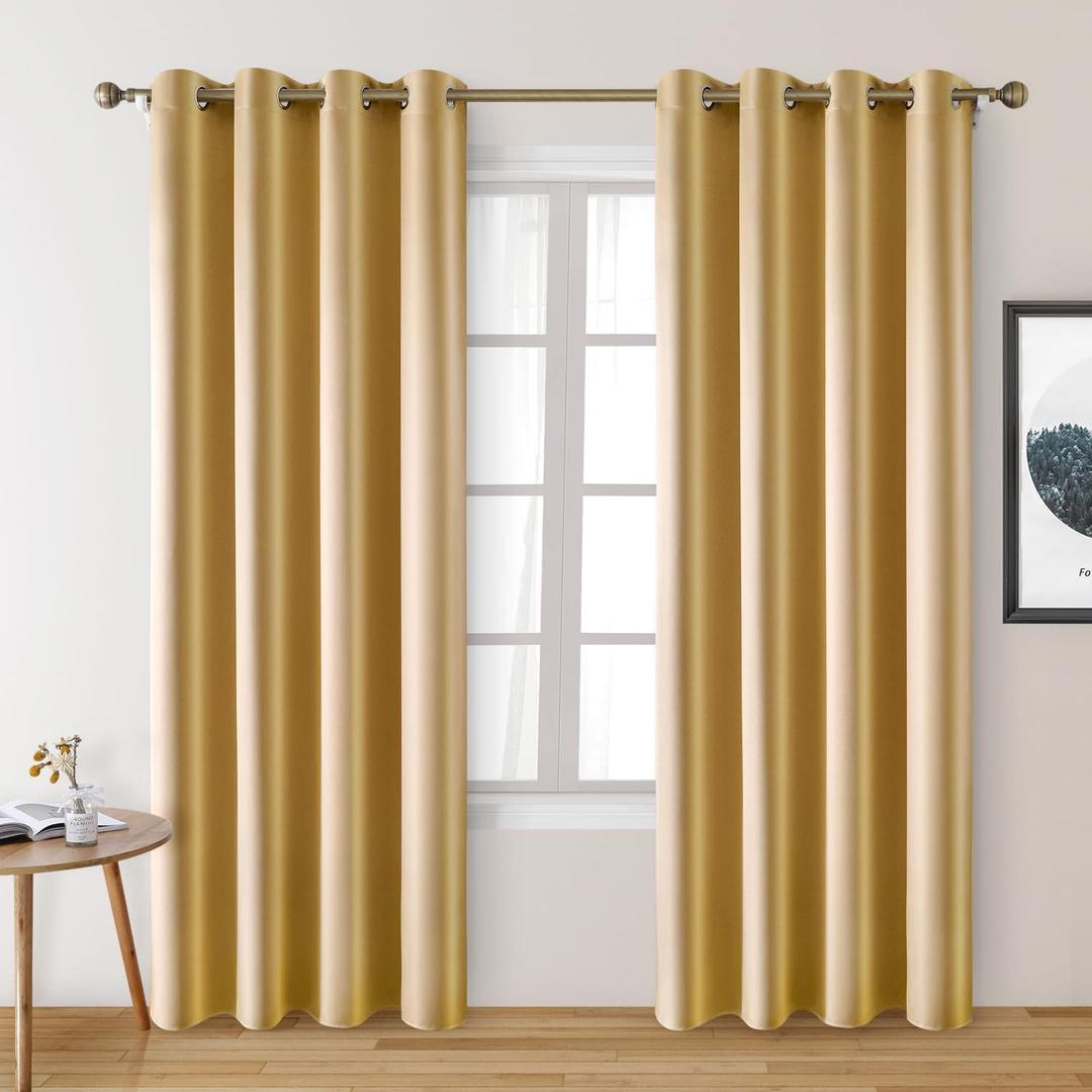 HOMEIDEAS 2 Panels Gold Faux Silk Blackout Curtains, 52 X 96 Inch Room Darkening Satin Thermal Insulated Window Drapes for Bedroom, Indoor