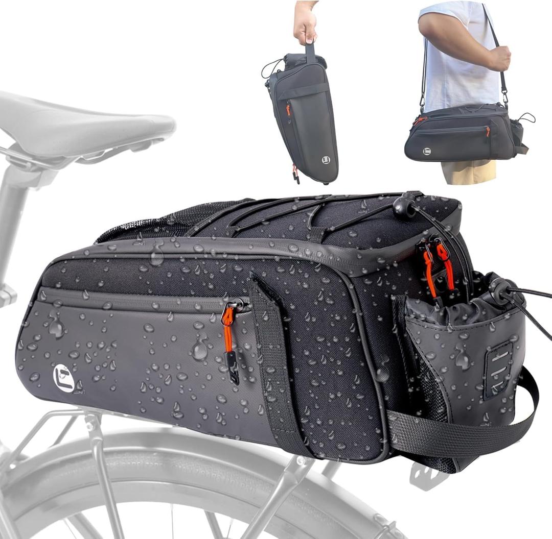 NDakter Bike Bags for Bicycle Rear Rack - 10L Waterproof 3 IN 1 Ebikes Trunk Bag with Water Bottle Holder, Reflective Electric Bike Saddle Panniers with Shoulder Strap for Commuter Travel Outdoor (Black)