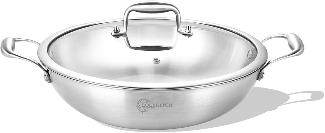 LOLYKITCH 10 Inch Tri-Ply Stainless Steel Wok Pan with Lid,2.5 QT Induction Cooking Pot,Dishwasher and Oven Safe