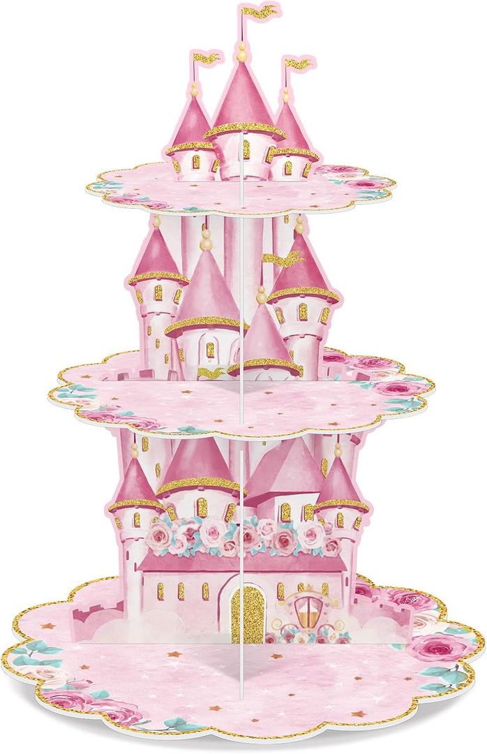 Zopeal 3 Tier Watercolor Princess Birthday Cupcake Stand Party Decorations Floral Princess Cupcake Holder Pink Flowers Dessert Tower for Girls Birthday Princess Theme Baby Shower Party Supplies