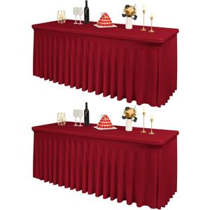 2 Packs Burgundy Spandex Table Clothes for 6 Foot Rectangle Tables, Wrinkle Resistant Fitted Tables Cover, Washable Stretch Table Skirts for Weddings Parties Banquet Birthday Festival