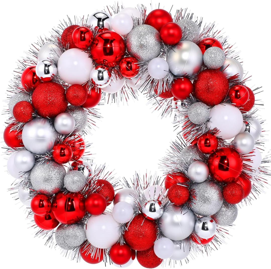 Silipull 14 Inch Christmas Ball Fireplace Tabletop Christmas Decorations Xmas Decorative Ball Ornaments Centerpiece Decor Holiday Table Decorations for Party Decor(Red White Silver)