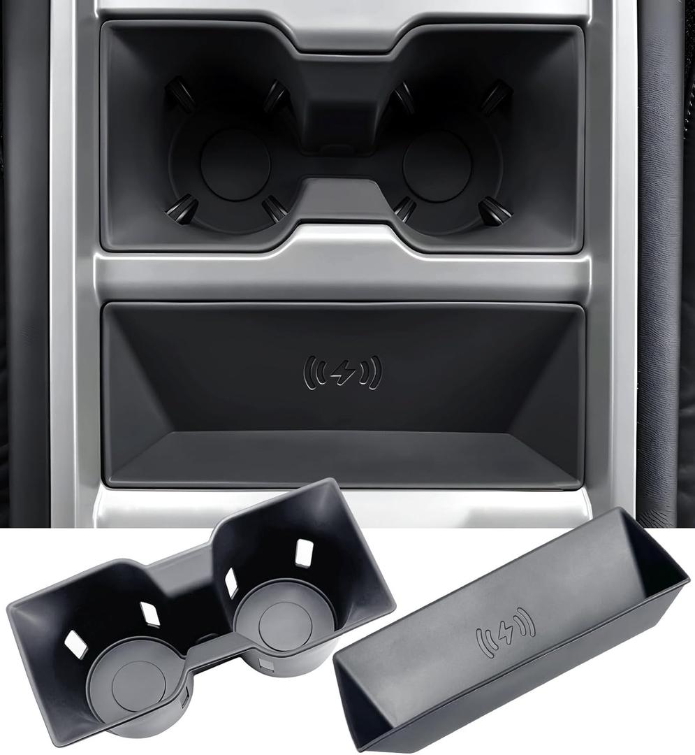 Cup Holder Insert & Wireless Charging Protective Mat for Land Rover Defender 90/110/130 2026 2025, Interior Accessories Car Cup Holder & Wireless Charger Cover Pad for 2025-2026 Defender, Black