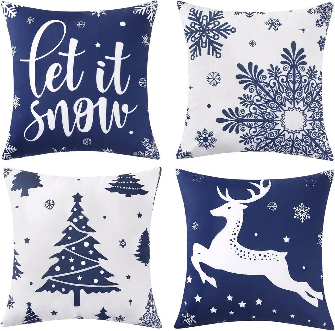CAROMIO Christmas Decorations Velvet Pillow Covers 18x18 Inch Set of 4 Farmhouse Outdoor Decorative Pillows Winter Holiday Decor Snowflake Xmas Tree Deer Throw Cushion Covers for Sofa Couch, Blue
