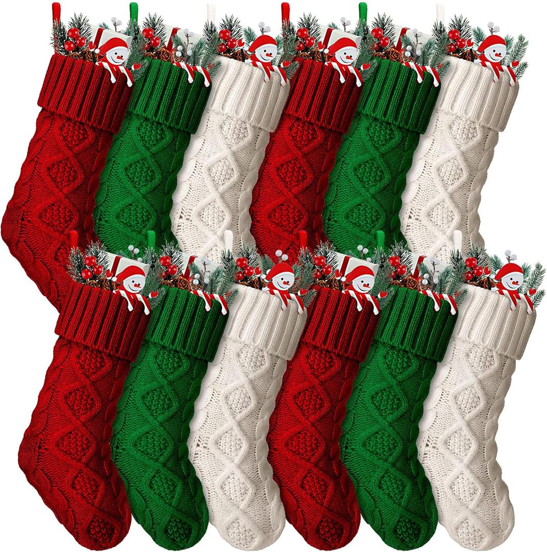 Hungdao 12 Pcs Christmas Stockings Mini Knitted Xmas Stockings Bulk 8.3 Inch Rustic Socks Double Sided Fireplace Hanging Vintage Stockings for Family Christmas Decorations(Red, Green, White)