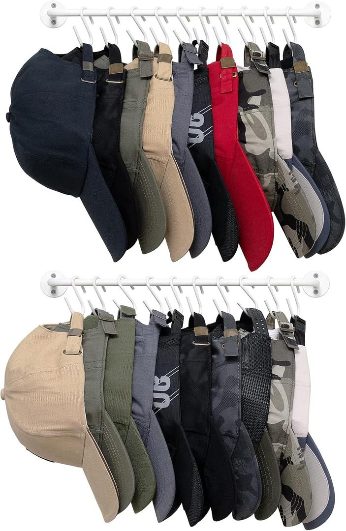 Mkono Hat Rack for Wall Baseball Cap Organizer Hanger with 20 Hooks Modern Metal Hat Holder Wall-Mounted Caps Display for Closet Door Bedroom Entryroom Laundry, Set of 2, White (Small)