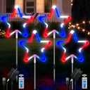 4 Pack 4th of July Decorations Solar Lights Outdoor, Red White and Blue Patriotic Lights with Big LED Neon Star, Timer Remote Stake Pathway Light with 8 Modes for Independence Day Garden Decor