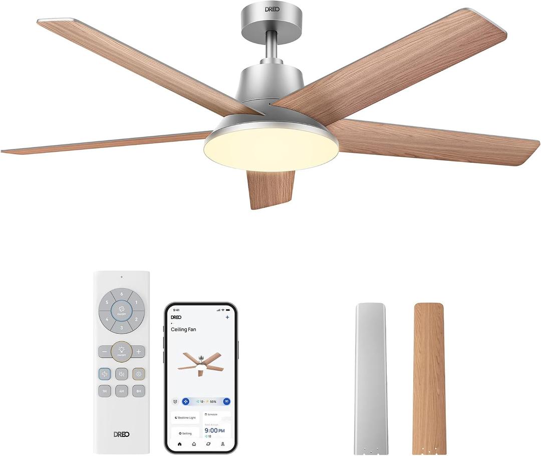 DREO Smart Ceiling Fan with Lights, 52 Inch, 12 Speeds & 3 Fan Modes, Stepless Color Tones, Dimmable LED Light, 12H Timer, Quiet DC Motor, Remote/APP/Alexa Control, Silver Ceiling Fans Indoor